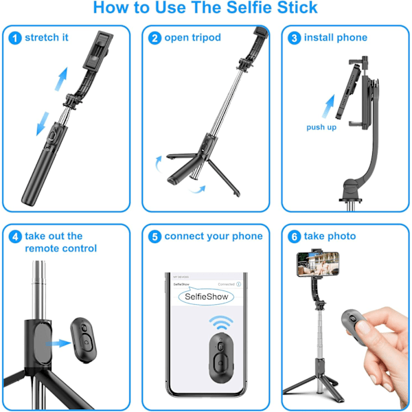 Selfie Stick, Udtrækkelig Selfie Stick Tripod med Trådløs Fjernbetjening og Tripod Stand, Bærbar, Letvægt, Kompatibel med iPhone 15 14 13 12 Pro Xs