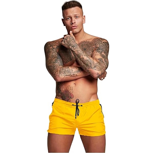 Hurtigtørrende badeshorts til mænd, lynlåslommer, mesh-foring - Størrelse L - Lys gul