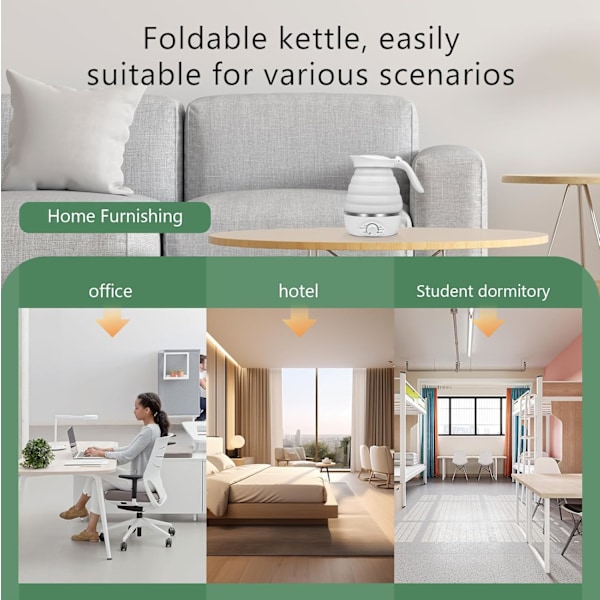 Foldbar Rejse Elkedel - Fødevaregodkendt Silikone, 850W Hurtig Kogning, 700ml (Hvid)
