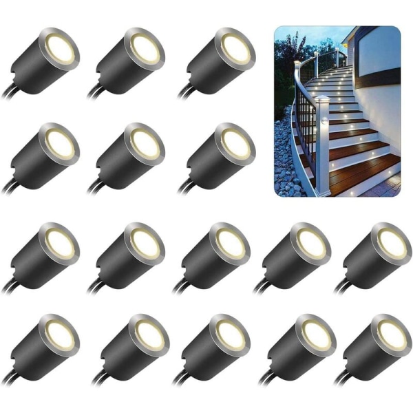 Set med 16 utomhus infällda LED-spotlights, IP67 vattentät, Ø 32mm, utomhus infällda spotlights för träterrass, pool, trädgård, trappor, Wo