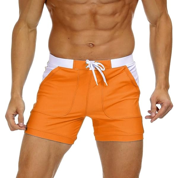 Herre Badedragt Ensfarvede Basic Lange Badeshorts med Lommer - Størrelse 36 - Orange