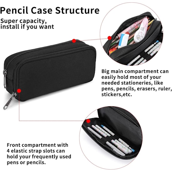 Pencil Case Penalhus med Stor Kapacitet - Sort