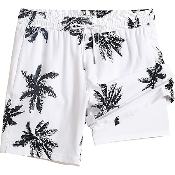 2 i 1 Badbyxor för Män 7 Tum Badbyxor Badkläder Set Strandshorts - Storlek L - Palm White
