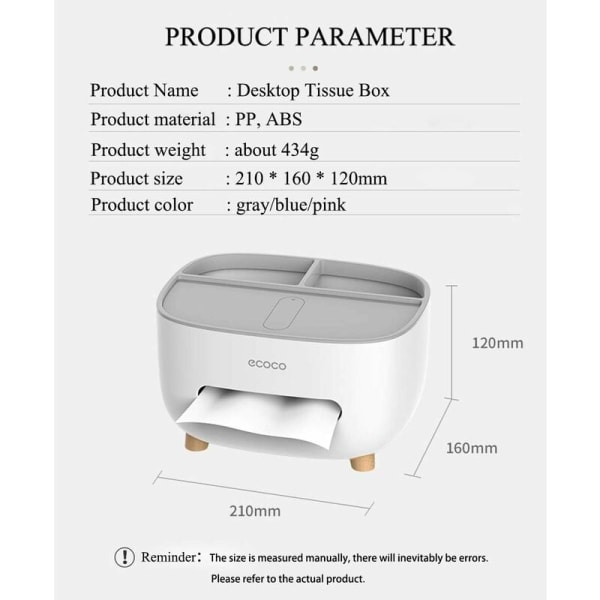 Serviettboks, PVC-serviettboks, Multifunksjonsboks, Penneholder, Fjernkontrollholder, Serviettholder, Oppbevaringsboks, kosmetisk serviettboks (Grå-1)