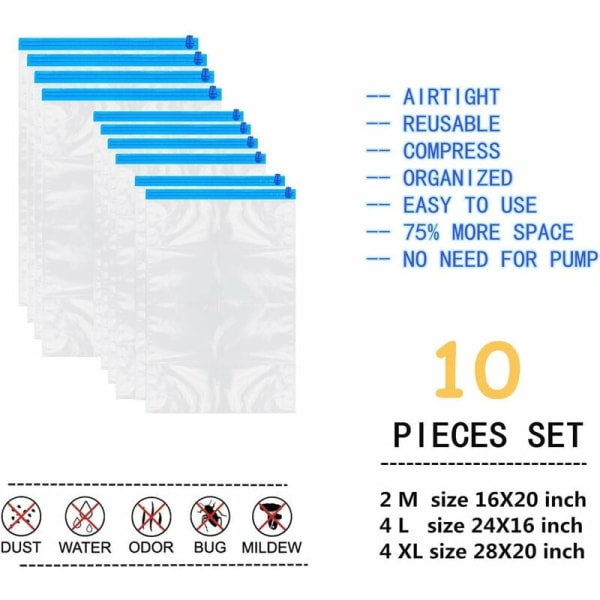 Vakuum oppbevaringspose for klær  10 gjennomsiktige blå poser med dobbel glidelås