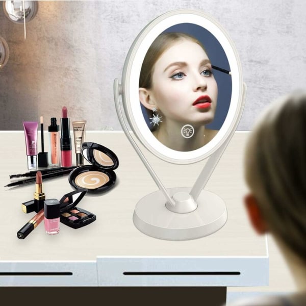 LED-belyst makeup spejl 1x/7x forstørrelse dobbeltsidet, USB genopladelig belyst makeup spejl, 360 graders roterbar, touch-kontakt