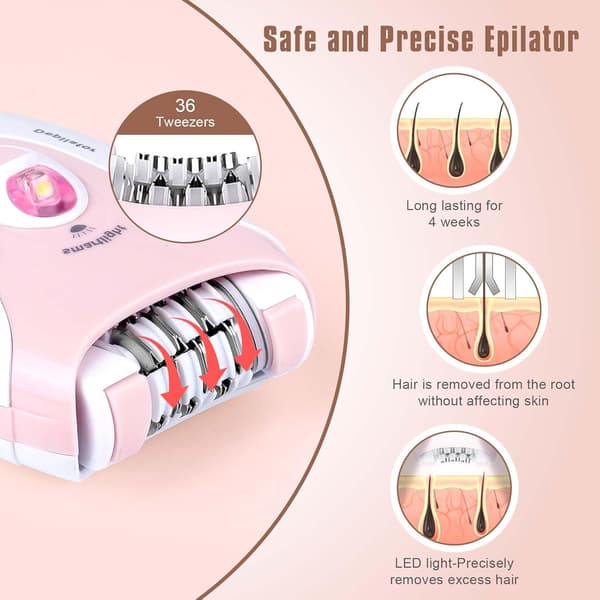Epilator for kvinner, trådløs epilator med LED-lys, 2 innstillinger