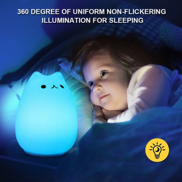 LED Natlampe, LED Kat Natlampe Silikone Baby Natlampe Bærbar Børne Natlampe med 7 Farver Natlampe USB Genopladelig Senge