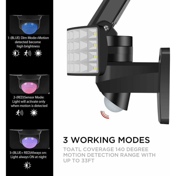 Utomhus solcellslampa 1400LM LED hög effekt utomhus solcellslampa 5500K solcellslampa med rörelsesensor och 2 justerbara huvuden IP65 vattentät Fl