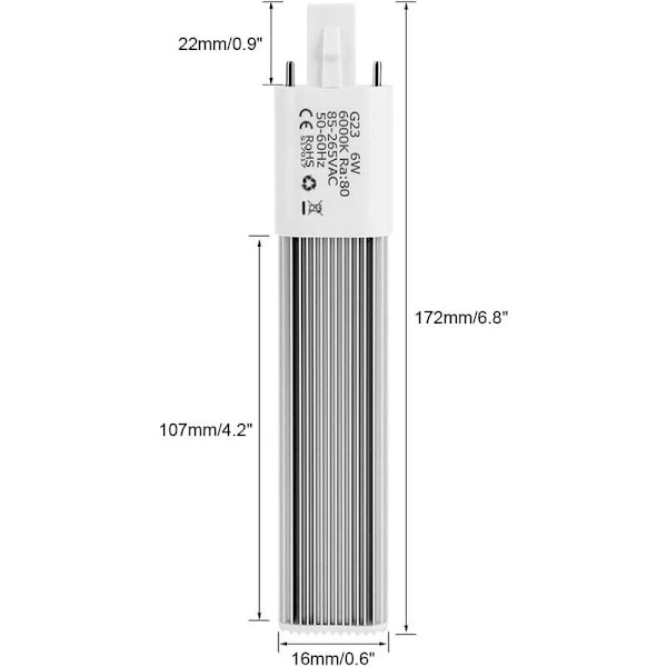 6W 2-pin kompakt lysrør, horisontal rørsokkel G23 lysrør, 6000K (hvit G23)