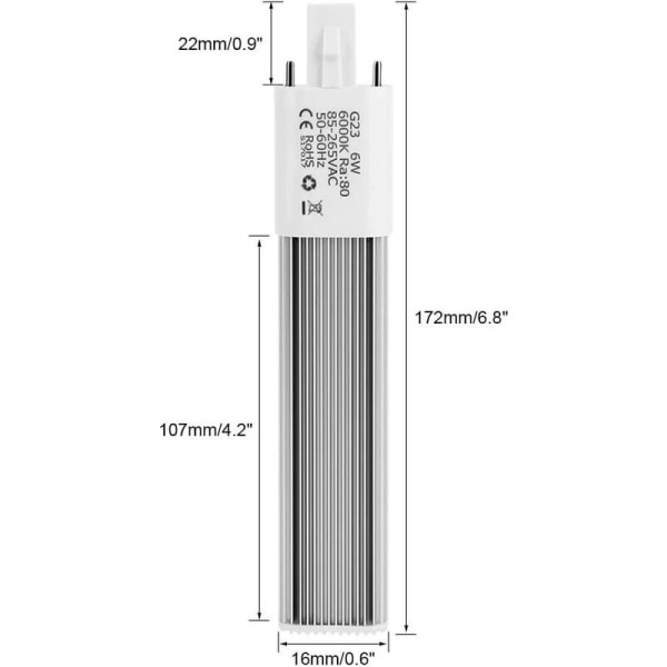 6W 2-stifts kompaktrörslysrör, horisontell rörbas G23 lysrör, 6000K(vit G23)