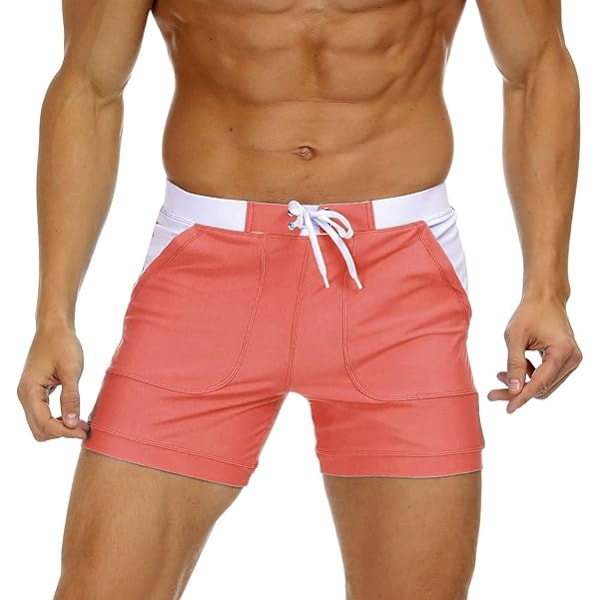Badbyxor för män, enfärgade, enkla, långa badshorts med fickor - Storlek 36 - Rosa