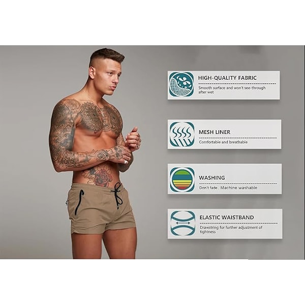 Hurtigtørrende badeshorts til mænd, lynlåslommer, mesh-for - Størrelse L - Khaki