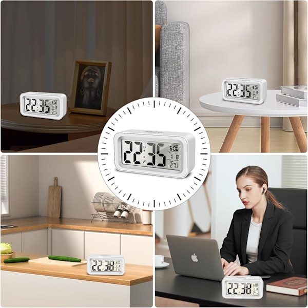 Uppgraderad Digital Väckarklocka - Sängklocka med Temperatur, Snooze, Nattlampa & Kalender (Vit)