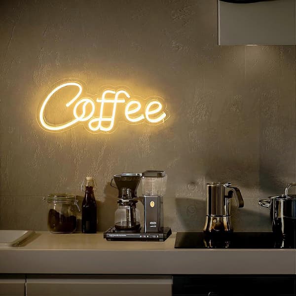 Kaffe LED Neonskylt, Varmvit Neonskylt för Väggdekor, USB-driven Ljusskylt med Strömbrytare
