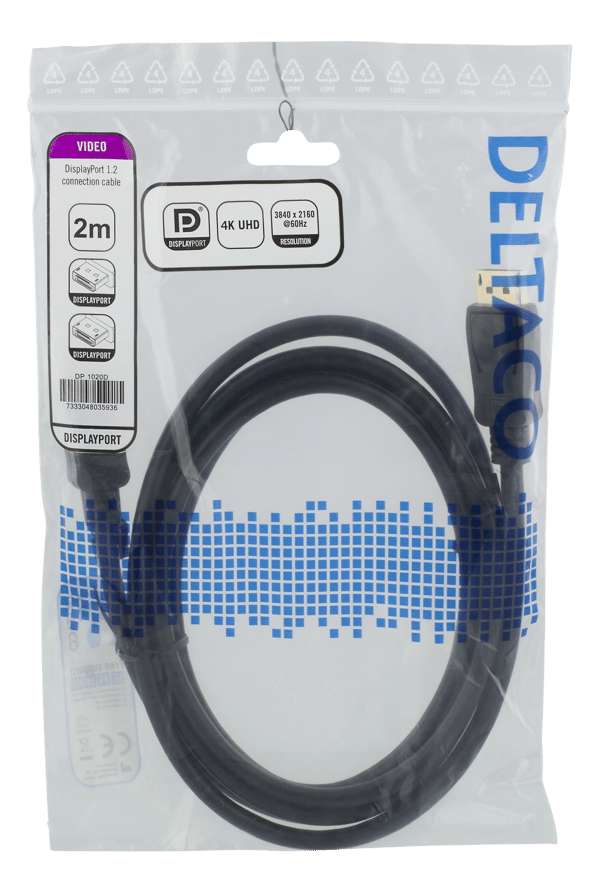 DisplayPort-kaapeli, 2 m, 4K UHD, DP 1.2, musta