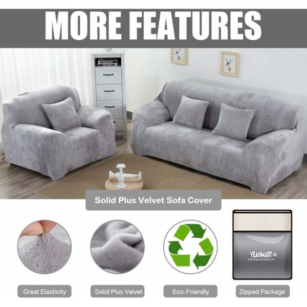 Thick Sofa Covers 1/2/3 Seater Pure Color Sofa Protector Velvet Easy Fit Elastic Fabric Stretch Sofa Cover (Silver Grey, 2 Seater 145-185cm)