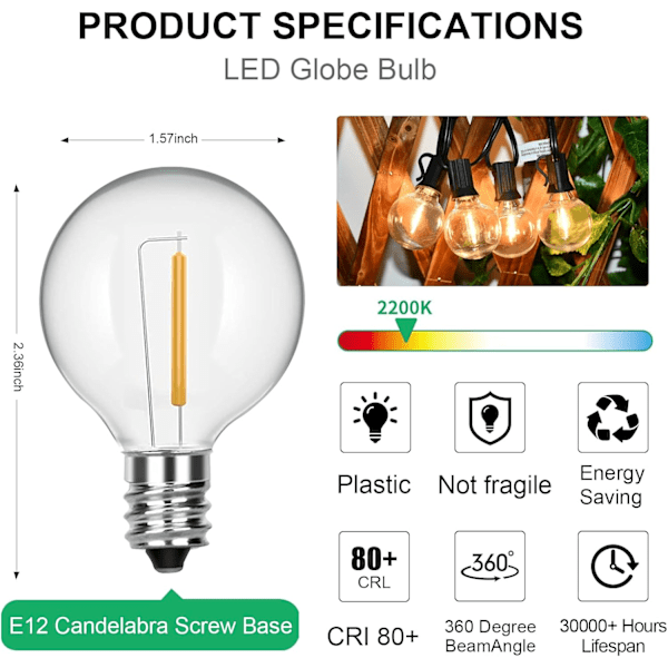25 kpl G40 LED-lamppuja, E12 LED-kynttiläkanta, 0,6 W LED-lamput vastaavat 7 W Edison-lamppuja, särkymätön pallolamppu ulkokäyttöön