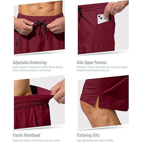 Snabbtorkande badshorts för män med ficka med dragkedja, badshorts för män - Inget meshfoder - XL - Röd