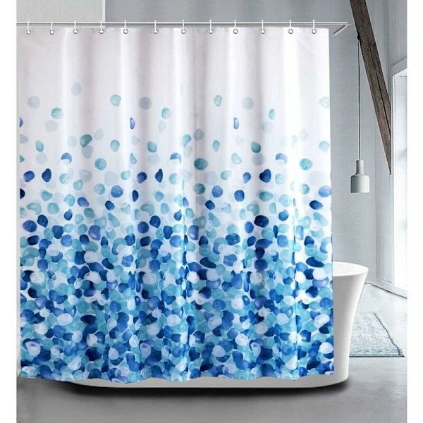 (Blå Kronblade) 120x200cm Rouche Gardin Bruseforhæng Liner Badeværelse Dekorativ Maleri Vandtæt med 12 Kroge Mugbestandig Maskine W