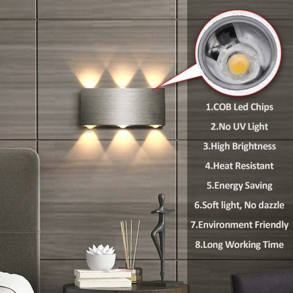 LED væglampe 6W indendørs væglampe moderne firkantet op og ned aluminium belysning dekoration lys til soveværelse kontor seng gang stue hotel