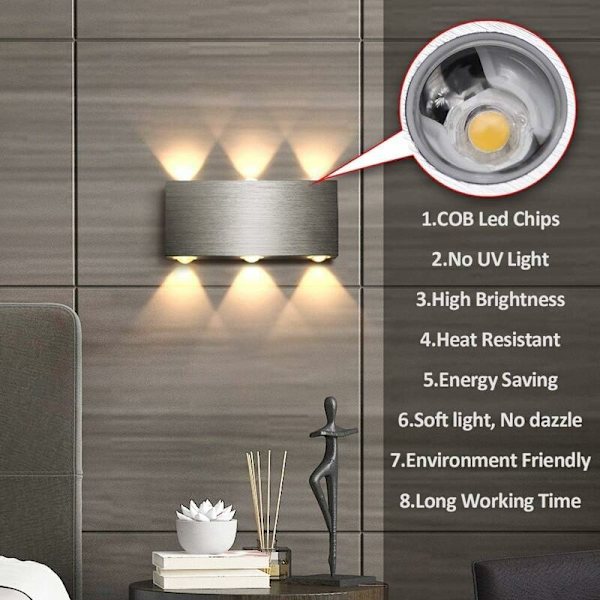 LED vegglampe 6W innendørs vegglampe moderne firkantet opp ned aluminium belysning dekorasjonslys for soverom kontor seng gang stue hotell
