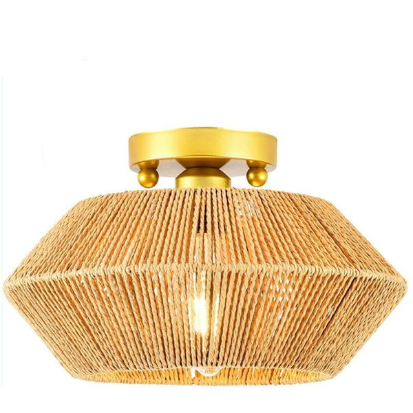 Taklampe, flettet rotting taklampe, håndlaget naturlig boho burlampe i antikk messingbørstet finish for soverom, gang
