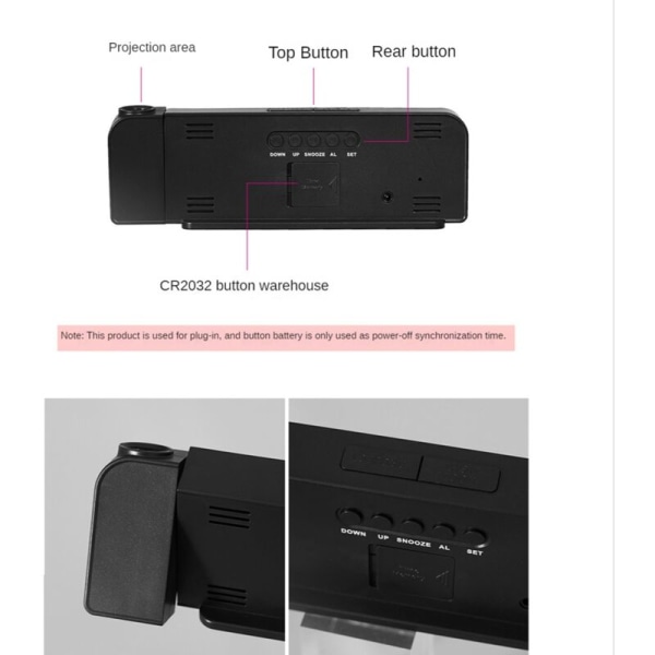 Projektionsväckarklocka 180° rotation 12/24H LED digital klocka USB -laddning Takprojektor väckarklocka (grön)