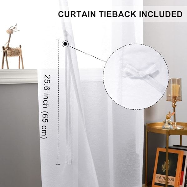 Hvite, transparente gardiner 213 cm lange - Halvtransparente paneler med maljer (sett med 2) - 132 cm brede med knytebånd for soverom og stue