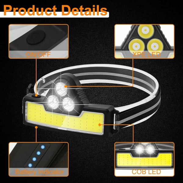 Oppladbar LED-hovedlykt COB-hodetlykt, 3 lysmoduser, IPX4 vanntett hodelykt for sykling, fiske, løping, camping HIASDFLS