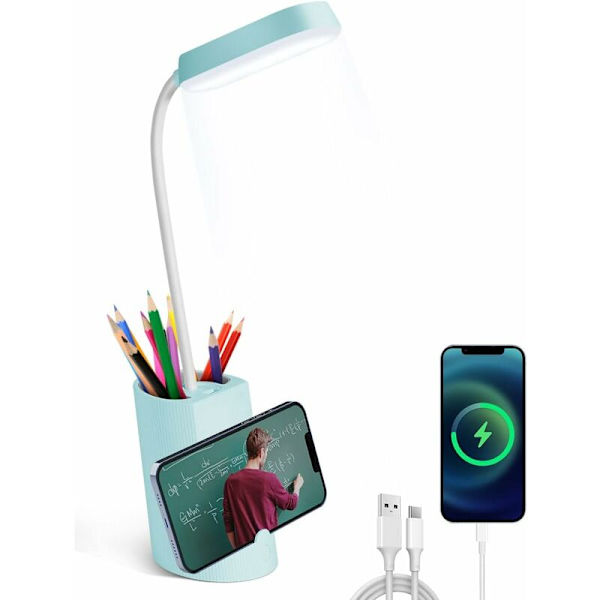 Børne skrivebordslampe, dæmpbar LED-skrivebordslampe med 3 lysstyrkeniveauer, genopladelig dyreskrivebordslampe trådløs, penneholder og stativ - Blå-F