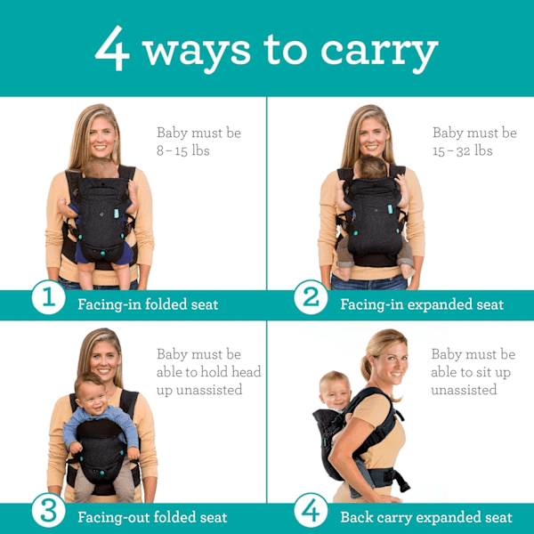 4-i-1 Bæresele - Ergonomisk, Konvertibel, Udadvendt Front-til-Bag Bæresele til Nyfødte til Tumlinger 3,6-13,6 kg, Sort
