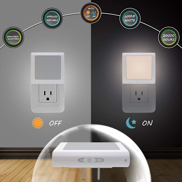 Plug-in dimbar LED-nattlampa med automatisk skymningssensor, mjukt varmvitt nattljus för hallar, sovrum, barnrum, kök, st