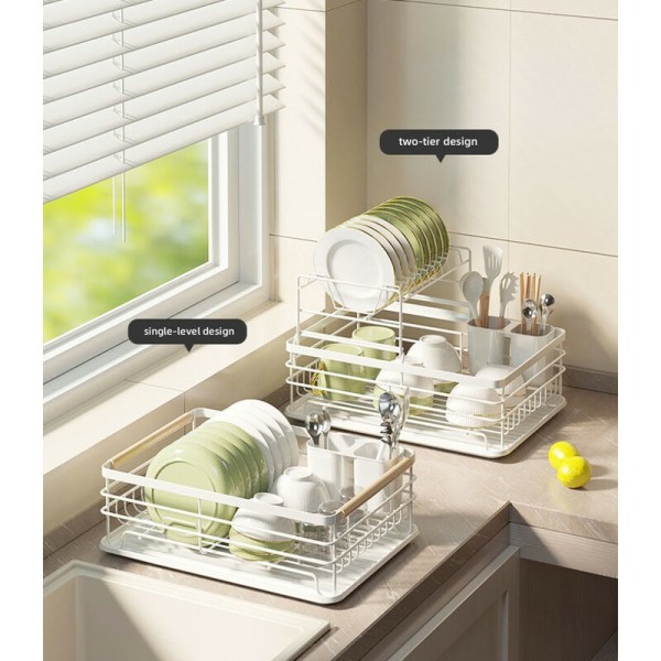 Dish Drainer with Drip Tray Rustproof Dish Rack with Utensil Holder - Black 1 Tier with Spout