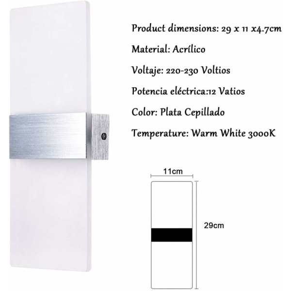 2 stk. 12W Indendørs Vægskinne LED 3000K Vægslampe Varmt Hvid Glas Enkelt Design Børstet Grå AC 220V til Soveværelse Stue Badeværelse 29CM