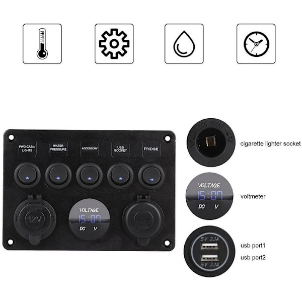 5-vejs 12v/24v Inline-sikring Box Led-kontaktpanel Dobbelt USB Bil Båd Lastbil