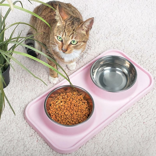 Waterproof non-slip pet double bowl with mat feeding tray supplies pet feeding silicone food mat dog placemat feeder bowl Pink