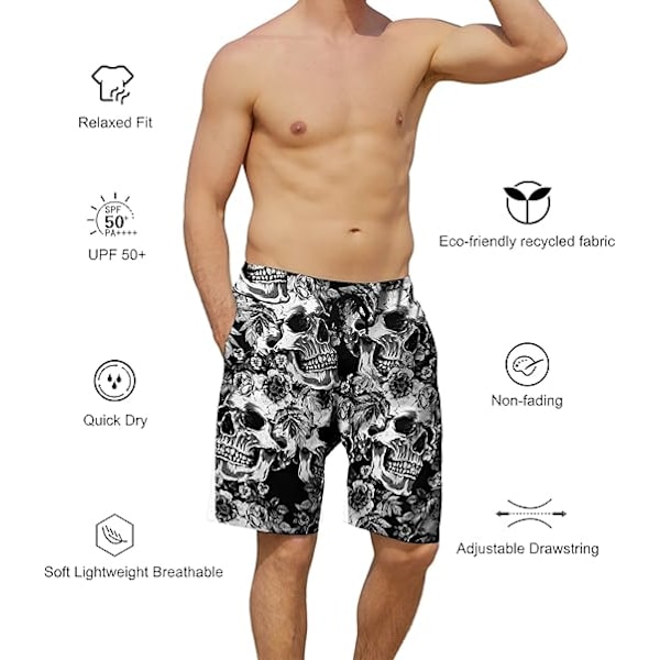 Svalkande snabbtorkande badshorts för män med sidofickor och meshfoder - Storlek L - Svart dödskalle