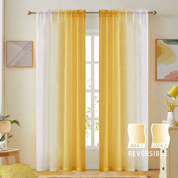 Ombre Gennemsigtige Gardiner 137x213 cm - Imiteret Hør Dobbeltsidet (Sæt med 2) - Lysfiltrerende med Privatliv - Gul Gradient til Soveværelse/Stue