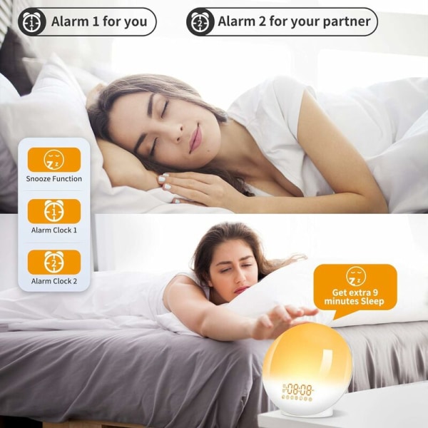 Wake-up Light LED Radio Bright Morning Alarm Clock Bedside Lamp 20 Brightness Levels Dawn and Dusk Simulator 2 Alarm Clocks 7 Natural Sounds