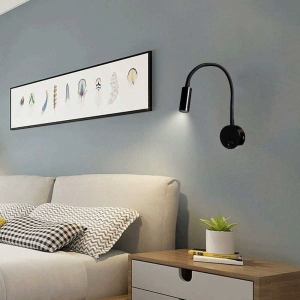 Musta 3W seinälle kiinnitettävä lukuvalaisin, joustava säädettävä kaula seinävalaisin alumiininen pöytävalaisin, yöpöytävalaisin kytkimellä LED silmähoito
