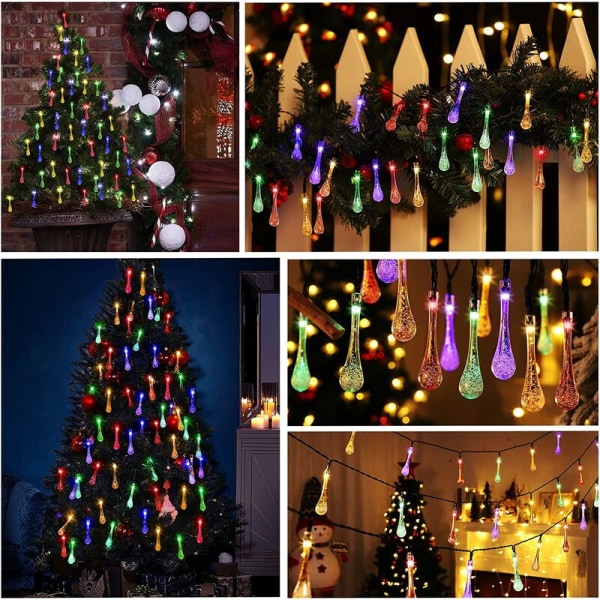 Julelys, solcelledrevne utendørs julelys, flerfarget, 40 LED, 6,8 m, eventyrlys, vanndråpe, regndråpe, vanntett lysdekorasjon