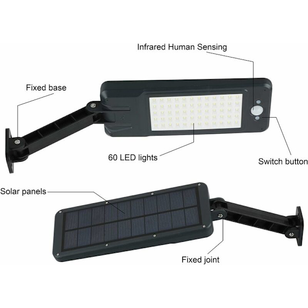 60 LED solcellelamper til udendørs brug, vandtætte IP65, fjernbetjening, trådløs solcelle-sikkerhedslampe til have, garage, gård, trapper, P