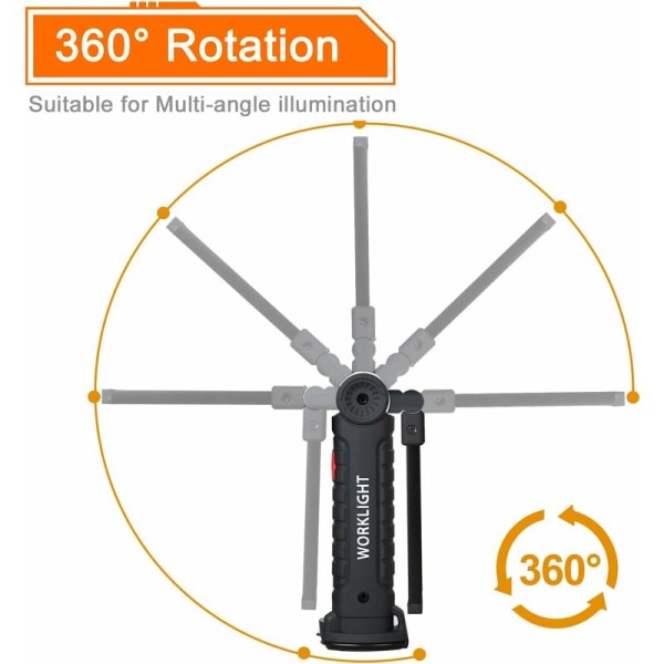 Ladattava LED-työvalo COB-työvalo Työpajavalo COB-taskulamppu, 5 valotilaa magneettijalustalla, tarkastuslamppu vaellukseen,