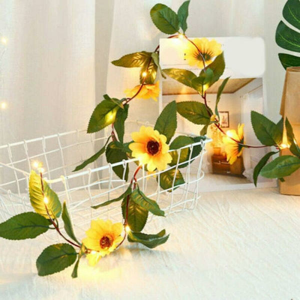 Stränglampor LED Konstgjorda Växter Grön Murgröna Blad Ranka för Heminredning Bröllop Lampa DIY Hängande Trädgård Gräsmatta Belysning, 2M 20 LED (1 St Solros