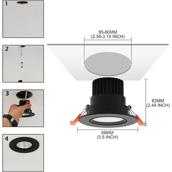 6 x LED-downlights, 5W COB innfelt taklampe, kald hvit 6000K, 500LM, AC 220-240V, Ra≥90, utskjæring 60-80mm, strålevinkel 24°, IP44, for bad