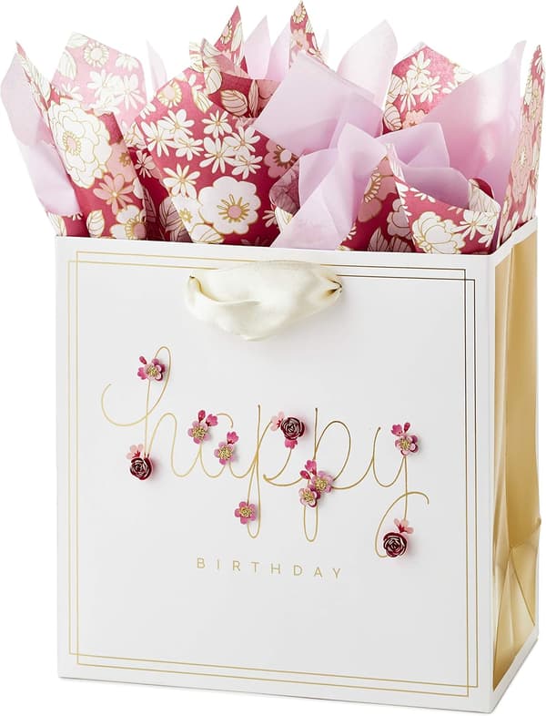 Middels Bursdagsgavepose med Silkepapir (Rosa Blomster)