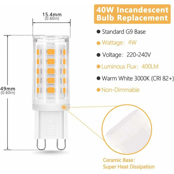 G9 LED-lampor, 4W motsvarande 40 W halogenbas 400 lm, varmvit 3000K, 360° rotationsvinkel, ej dimbar, för takbelysning, kök,