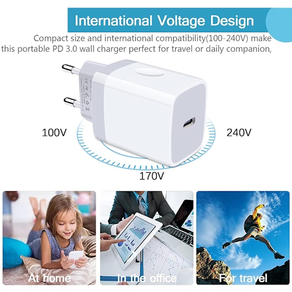 2 stk. iPhone hurtigoplader USB-C strømadapter 20W + Kabel Hvid