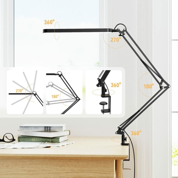 LED-skrivebordslampe med klemme, energibesparende skrivebordslampe, med dæmpbar svingarm, 3 lystilstande x 10 lysstyrkeniveauer, USB-port